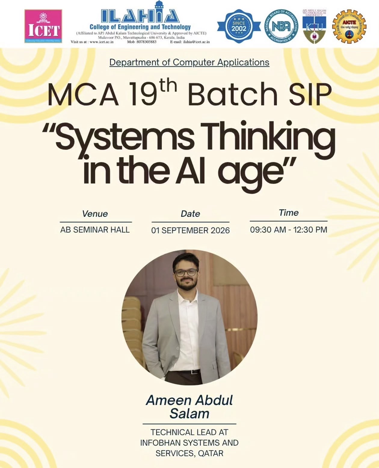 Poster for Ameen Abdulsalam's talk Systems Thinking in the AI Age at Ilahia College of Engineering and Technology on 1 September 2026.